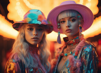 Two  models with stylish looks in vibrant colorful background, modern fashion, Generative AI