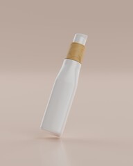 The plain white and wood packaging pump bottle of a skincare product with beige background in flying position viewed from front for mockup. 3D Rendering
