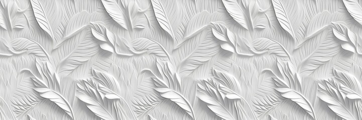 White geometric floral leaves 3d tiles wall texture background illustration banner panorama, seamless pattern - obrazy, fototapety, plakaty