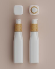The row of plain white and wood packaging pump bottles of skincare products with beige background in flat lay position viewed from top for mockup. 3D Rendering