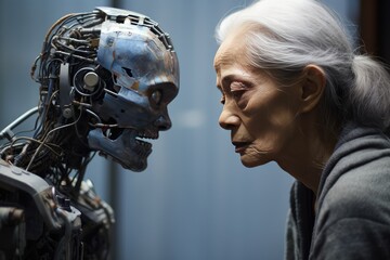Age Meets Technology As An Old Woman Gazes At Robot