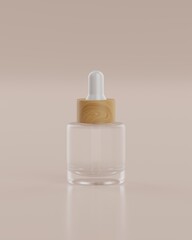 The plain white and wood packaging pipette bottle of a serum product with beige background viewed from front for mockup. 3D Rendering