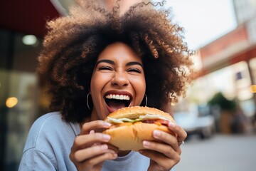 Black Woman Happily Biting Huge Sandwich Fast Food - obrazy, fototapety, plakaty