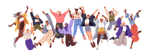 Happy active girls jumping. Young energetic women group together. Female characters team celebrating success with fun, joy, positive energy. Flat vector illustration isolated on white background - obrazy, fototapety, plakaty