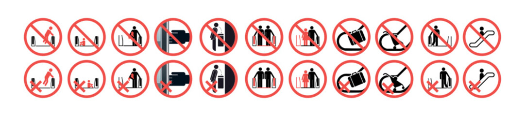 Escalator sign, Escalate sign and warning vector set. Simple set of escalation vectors sign vector icons for metro, underground, subway, MTR and MRT. For safe work. For any use. Warns. Vector. - obrazy, fototapety, plakaty