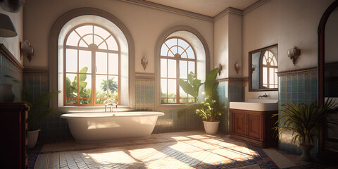 Mediterranean style interior of bathroom with two large windows.