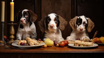 three of cute puppies dog sitting at the dinner table with lots of dishes