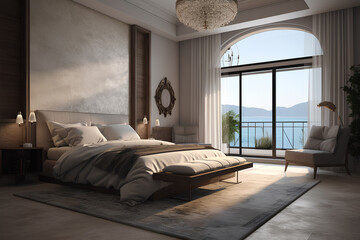 Modern style interior of large bedroom, large door to the terrace with sea view.
