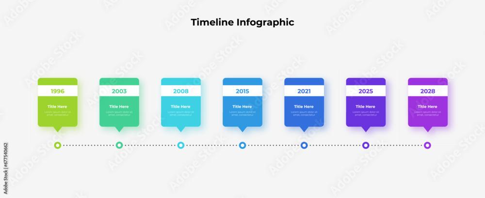 Poster Horizontal progress diagram with 7 elements. Concept of seven steps of business timeline. Creative infographic design template.