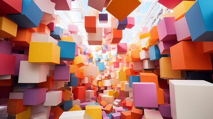 大きなカラフルな積み木がたくさん浮き上がっているのを下から撮影した写真