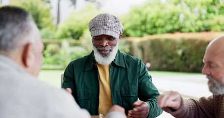 Happy man, chess and game with friends for retirement in park, outside or garden for fun, competition or challenge. Elderly people, together or laugh for activity, play or tournament with plan to win