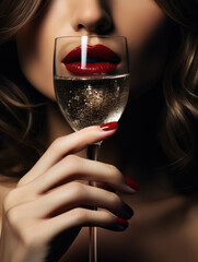 glamour portrait of a beautiful girl with a glass of tasty champagne at new year's party closeup - obrazy, fototapety, plakaty