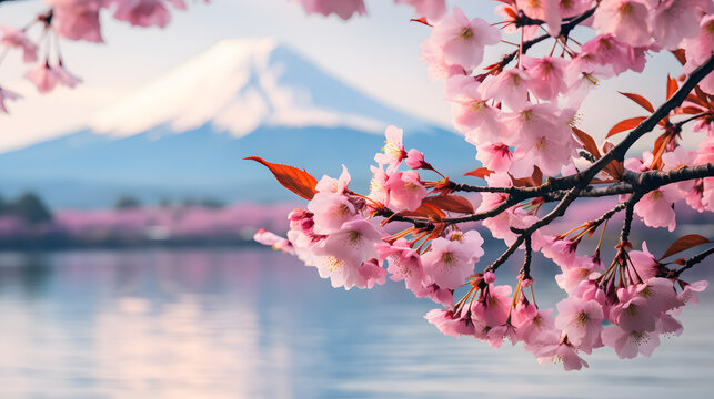 A photo of Mount Fuji, with snow-capped peaks as the background, during cherry blossom season