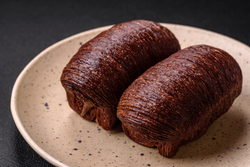 Delicious sweet crispy puff pastry with chocolate filling