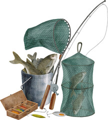 Watercolor fishing equipment illustration. Hand drawn fishing rod, landing net, metal bucket of fish and lure box isolated on transparent background. Catching fish hobby, angling, fly fishing - obrazy, fototapety, plakaty