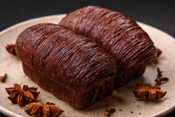 Delicious sweet crispy puff pastry with chocolate filling