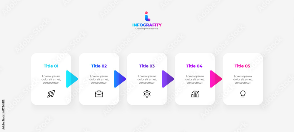 Poster Vector infographic for business presentation. Five rectangular elements with arrows. Concept of 5 steps or business processes