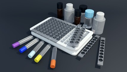 Enzyme-linked immunosorbent assay (ELISA) kits removeable plate strips, reagents and ultrasensitive biomarker detection 3d rendering