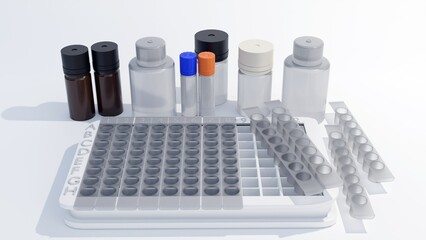 Enzyme-linked immunosorbent assay (ELISA) kits removeable plate strips, reagents and ultrasensitive biomarker detection 3d rendering