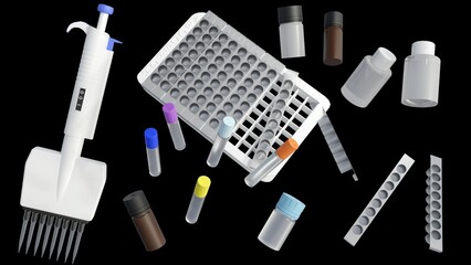 isolated Enzyme-linked immunosorbent assay (ELISA) kits removeable plate strips, reagents, ultrasensitive biomarker detection and 8 channel micropipette 3d rendering - obrazy, fototapety, plakaty