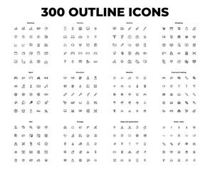 Set of outline icons. Business, devices, medical, ecology, shopping and other popular themes