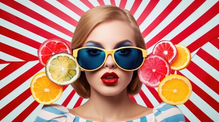 abstract composition of fruits and girl in sunglasses on a bright yellow background
