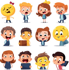 Emoticons or illustrations showing different emotions related to school life