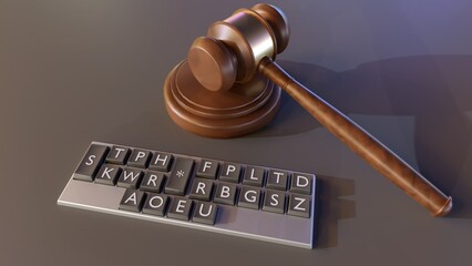 Close-up 3D rendering of a stenotype keyboard, also known as a shorthand keyboard or stenograph, with a court gavel