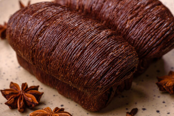 Delicious sweet crispy puff pastry with chocolate filling