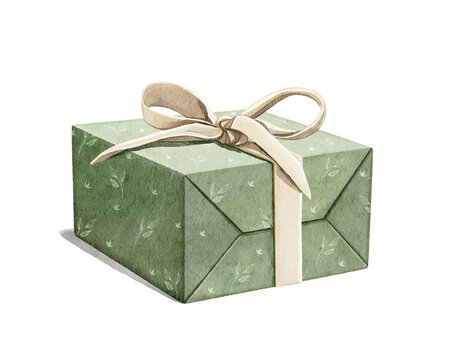 Watercolor vintage Christmas birthday green gift box present with bow isolated on white background. Hand drawn illustration sketch