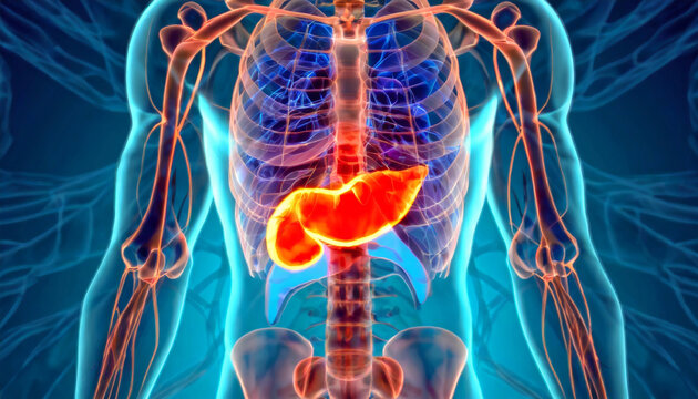 3D Visualization Illustration of Man's Pancreas Anatomy, 3D Exploration of the Pancreatic Anatomy in Man's Digestive System, Generative AI