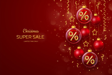 Christmas sale banner design. Golden 3D Percentage symbol in a transparent glass ball. Red background with hanging gold stars, balls, falling confetti. Advertising poster, flyer. Vector illustration.