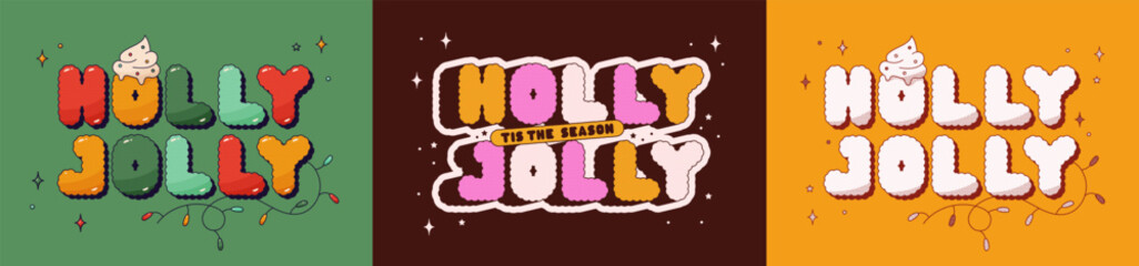 Christmas groovy set of posters with text Holly Jolly. Tricolor background. - obrazy, fototapety, plakaty