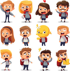 Emoticons or illustrations showing different emotions related to school life