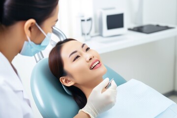 Asian woman in dental clinic while receiving oral examination by dentist.