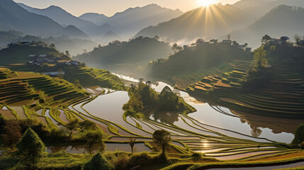 Terraced Rice Fields at Sunrise in Mountains