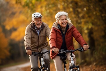 Obraz premium Cheerful senior couple with bicycles in the park together, activities suitable for seniors happy couple in park