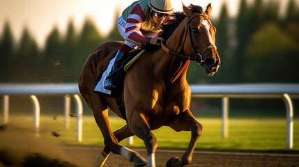 Naklejka premium Jockey Riding Racehorse on Track at Sunset