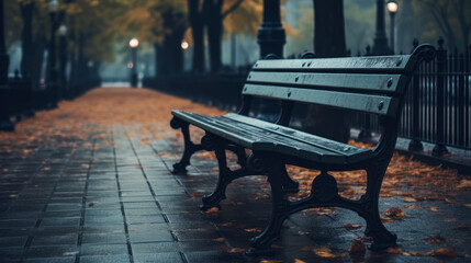 Empty Park Bench on Misty Autumn Morning