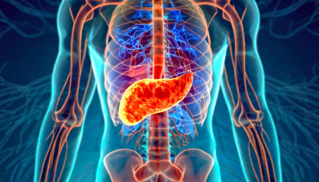 3D Visualization Illustration of Man's Pancreas Anatomy, 3D Exploration of the Pancreatic Anatomy in Man's Digestive System, Generative AI