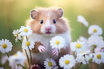 Cute hamster on a flowering meadow with beautiful daisies flowers