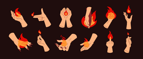 Burning fire in hands set. Holding hot glowing flame, igniting blaze with fingers. Showing hot gestures. Energy, power, evil, passion and trick concept. Isolated flat graphic vector illustrations