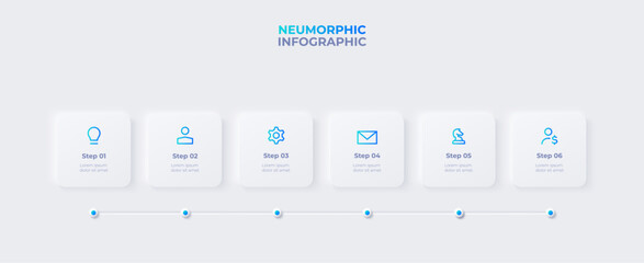 Neumorphism timeline infographic. Skeuomorph concept with 6 options, parts, steps or processes