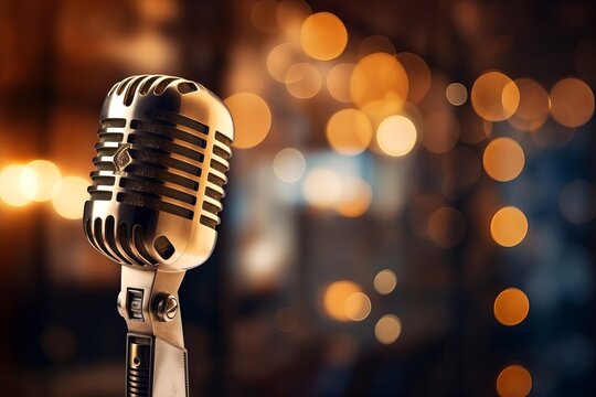 A vintage microphone in frame with blurred lights background, bokeh, luxurious