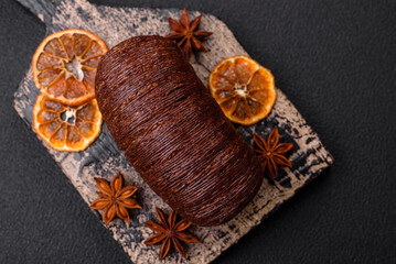 Delicious sweet crispy puff pastry with chocolate filling