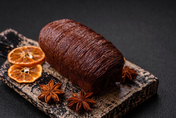 Delicious sweet crispy puff pastry with chocolate filling