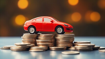 Red car with coins, auto tax and financing, car insurance and car loans, concept of savings money on car purchase