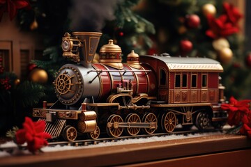 Fairy Locomotive In Holiday Postcard Style For Christmas. Сoncept Christmas Train Ride, Festive Fairyland, Magical Locomotive, Winter Wonderland, Holiday Postcard Magic