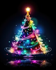 Colorful neon Christmas tree on dark background. Multicolored Christmas tree as symbol of Happy New Year, Merry Christmas holiday celebration. Neon light decoration. Bright shiny design Xmas tree