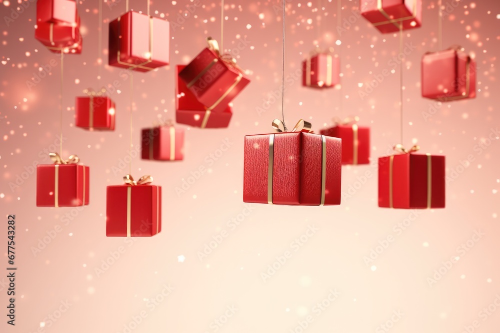 Poster hanging gift box frame on red background, minimal 3d rendering